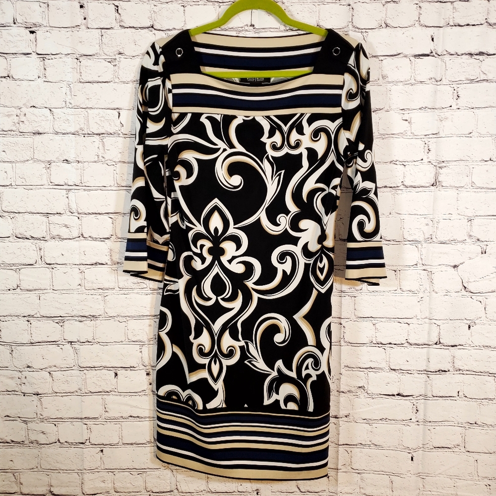 White House Black Market Geometric Floral Pattern Shift Dress Size S Lapels